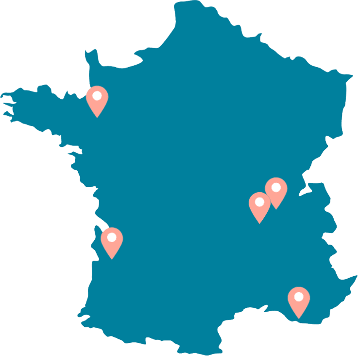 Carte indiquant les bureaux Holidu en France : Rennes, Bordeaux, Marseille, Lyon et Saint-Étienne