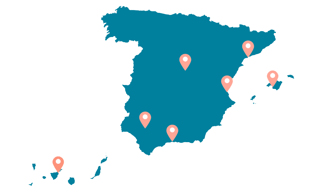 Mapa con las oficinas de Holidu en España: Madrid, Barcelona, Sevilla, Málaga, Palma, Santa Cruz y Valencia