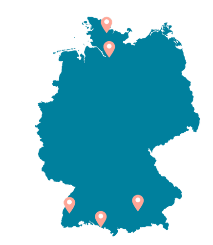 Übersicht über die Holidu Büros in Deutschland: München, Hamburg, Freiburg, Friedrichshafen und Flensburg