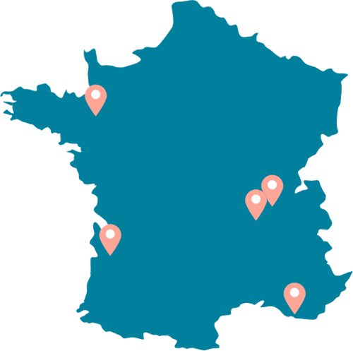 Carte indiquant les bureaux Holidu en France : Rennes, Bordeaux, Marseille, Lyon et Saint-Étienne