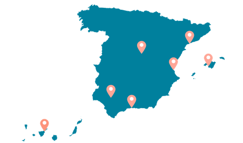 Mapa con las oficinas de Holidu en España: Madrid, Barcelona, Sevilla, Málaga, Palma, Santa Cruz y Valencia