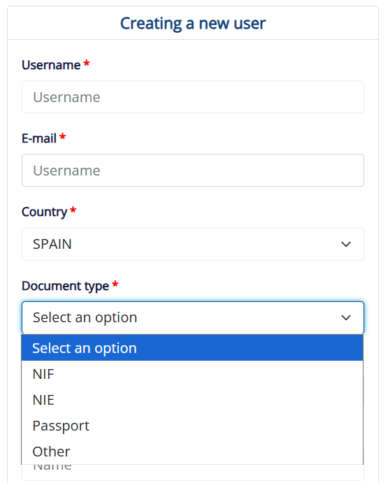 Screenshot of the username and password registration screen on SES Hospedajes