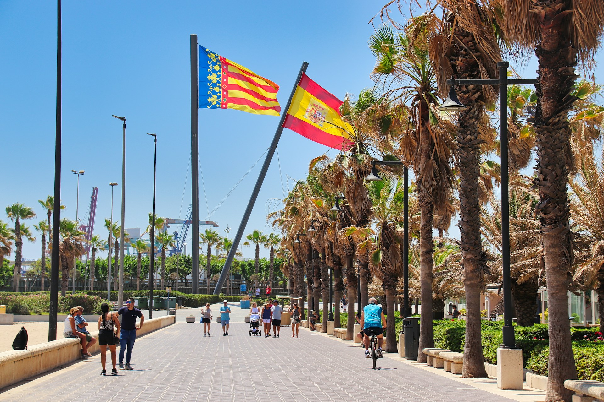 Avoid penalties: annual NRA report and stays >10 days in Valencia City of Valencia boardwalk with palm trees and the Spanish flag