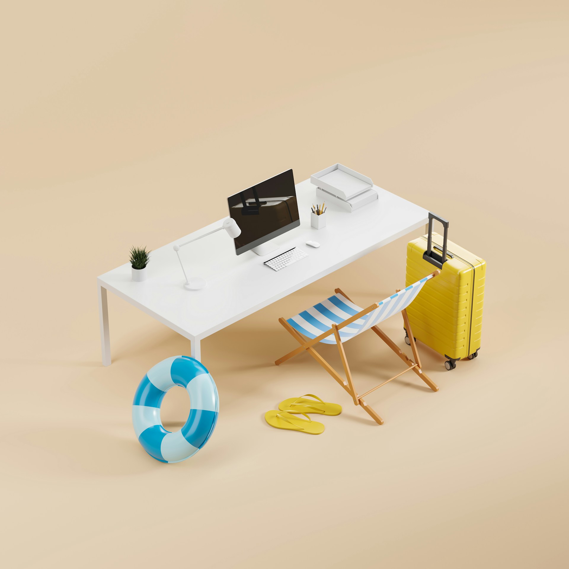 getty-images-unsplash minimalistische 3D-Illustration eines weißen Schreibtischs kombiniert mit Strandurlaubs-Utensilien wie Liegestuhl und Koffer vor beigem Hintergrund