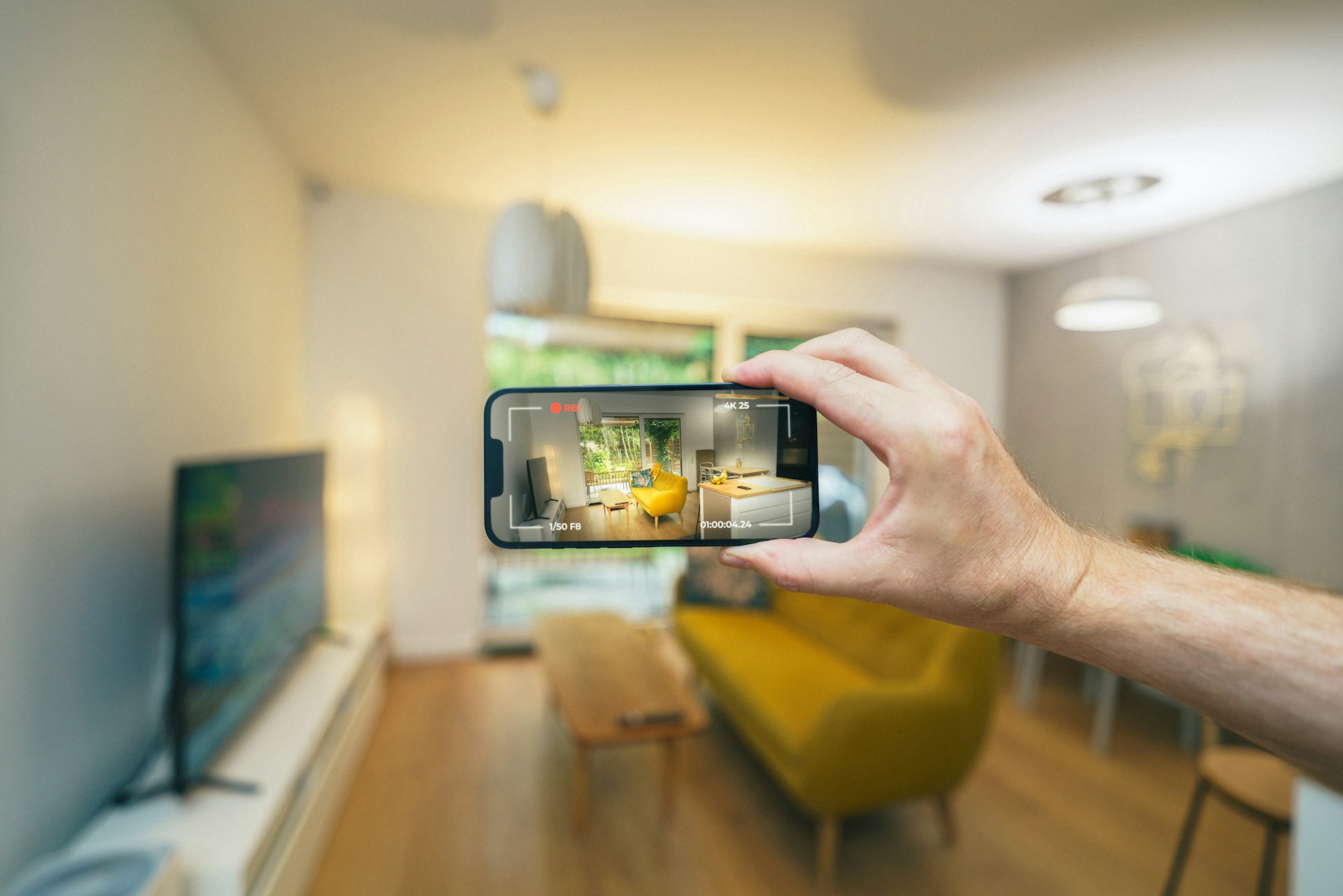 jakub-zerdzicki-xs5q4uPiBhA-unsplash Hand holding a smartphone recording a video tour of a modern apartment living room