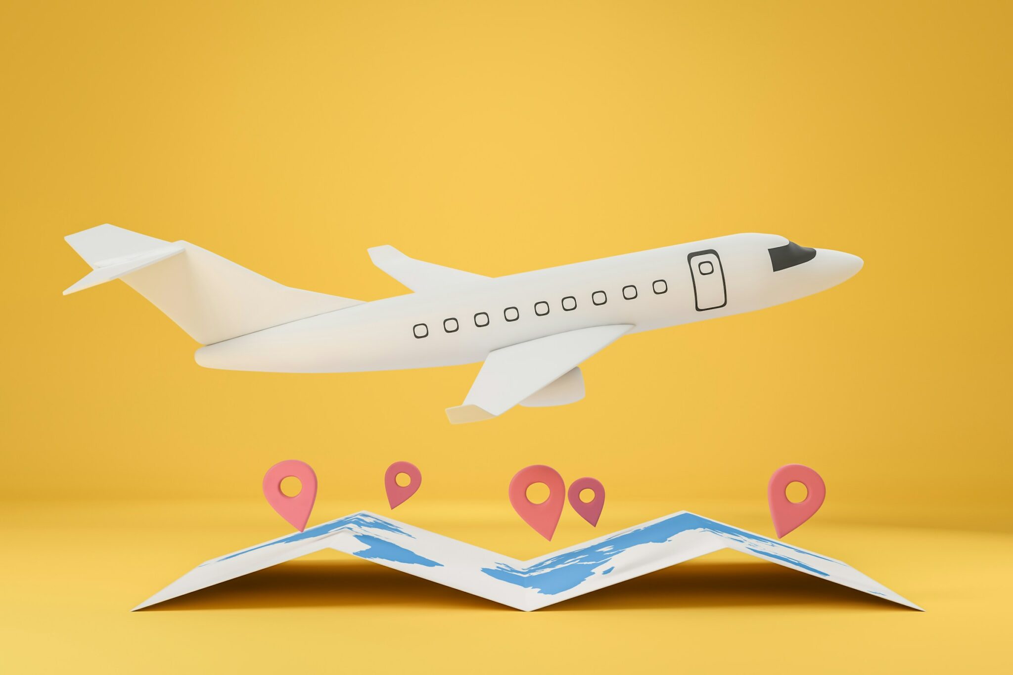 getty-images-XjCC9sGlk6k-unsplash Animiertes weißes Flugzeug fliegt über Karte mit vielen Location Pins